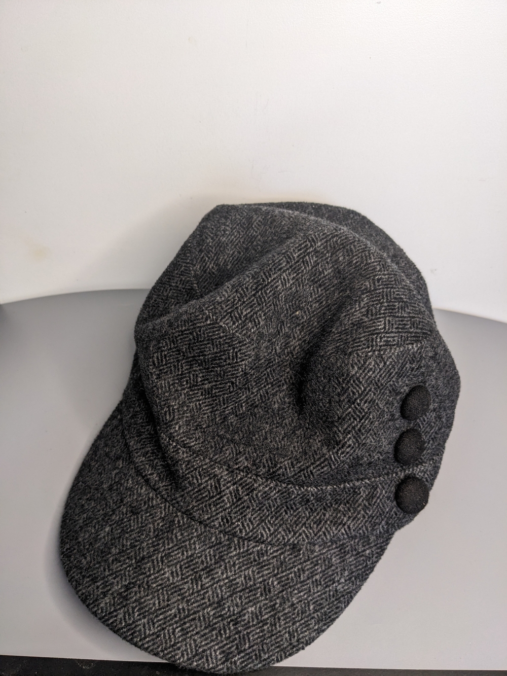 Charcoal Gray Tweed Newsboy Baker Boy Cap Hat 3 Button Unisex Wool Blend